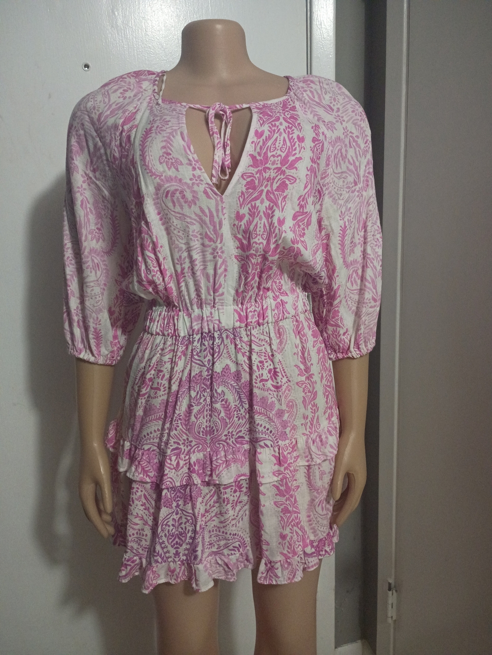 Zara Pink Patterned Tiered Tie-Neck Mini Dress - Picture 2 of 9